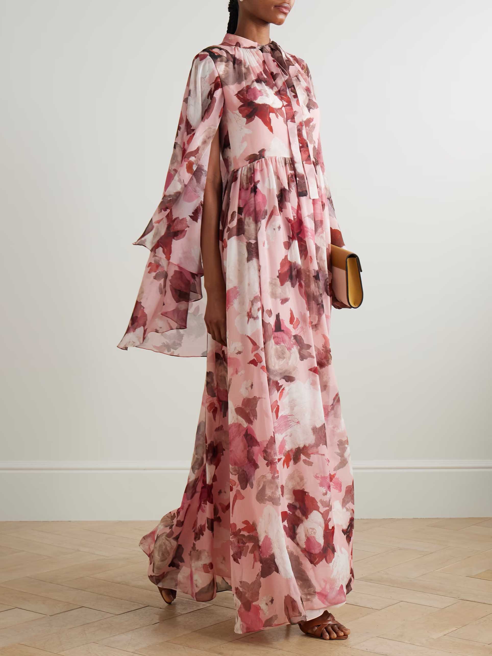 Exquisite Oil Painting Floral Print Cape Maxi Dress