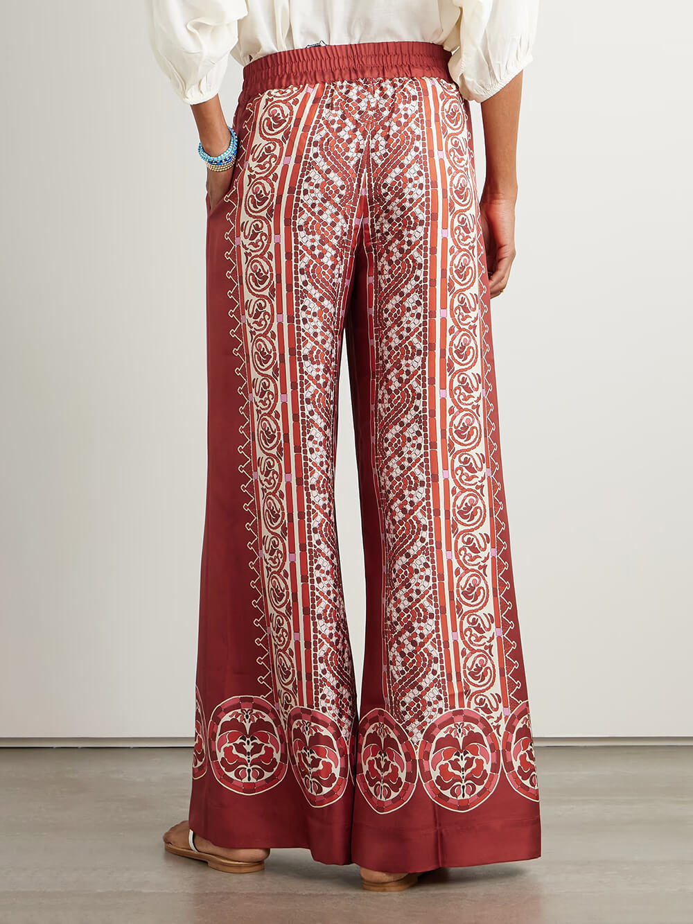 Retro Unique Print Satin Twill Wide-Leg Pants