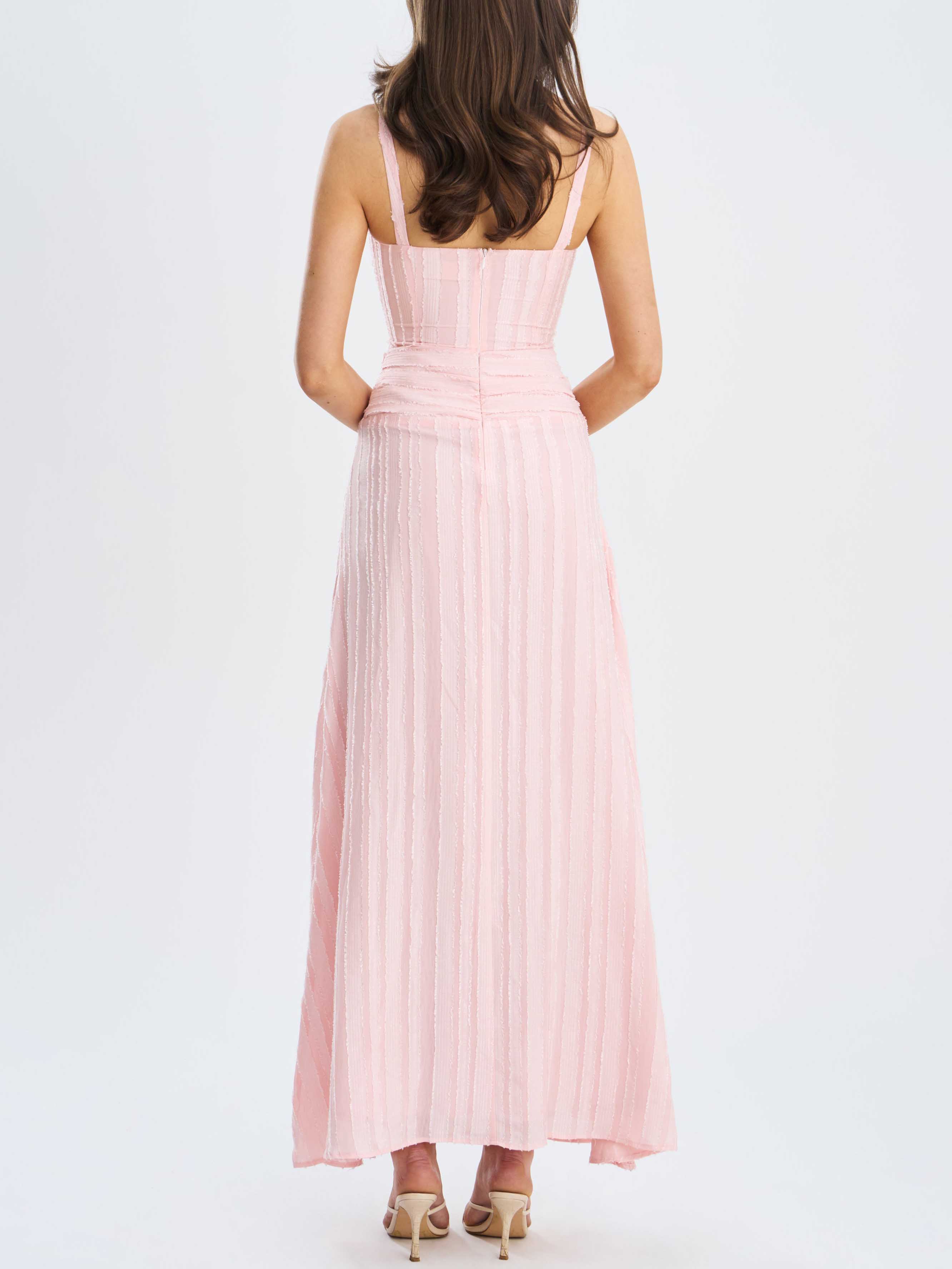 Elegant Striped Jacquard High Slit Gown Maxi Dress