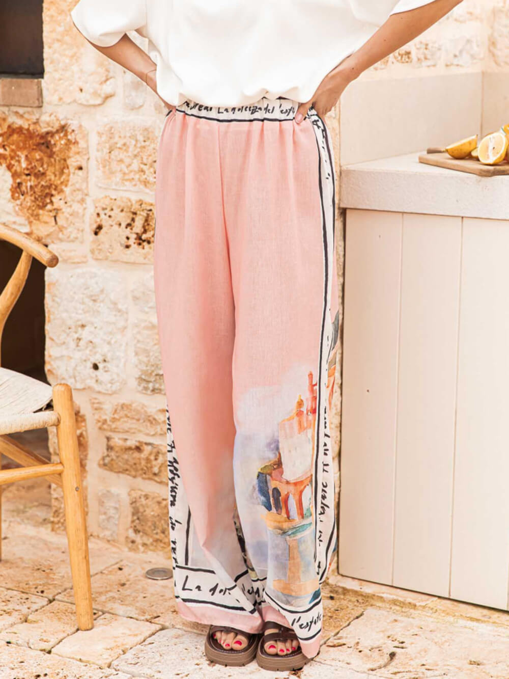 Unique Casual Printed Elastic Waist Wide Leg Pants