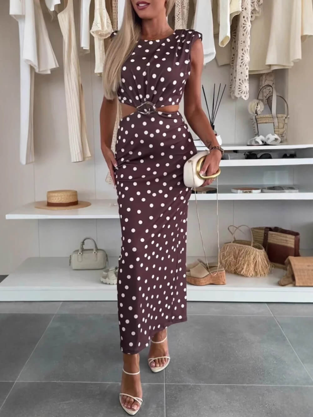 Elegance Timeless Polka Dot Print Cutout Maxi Dress