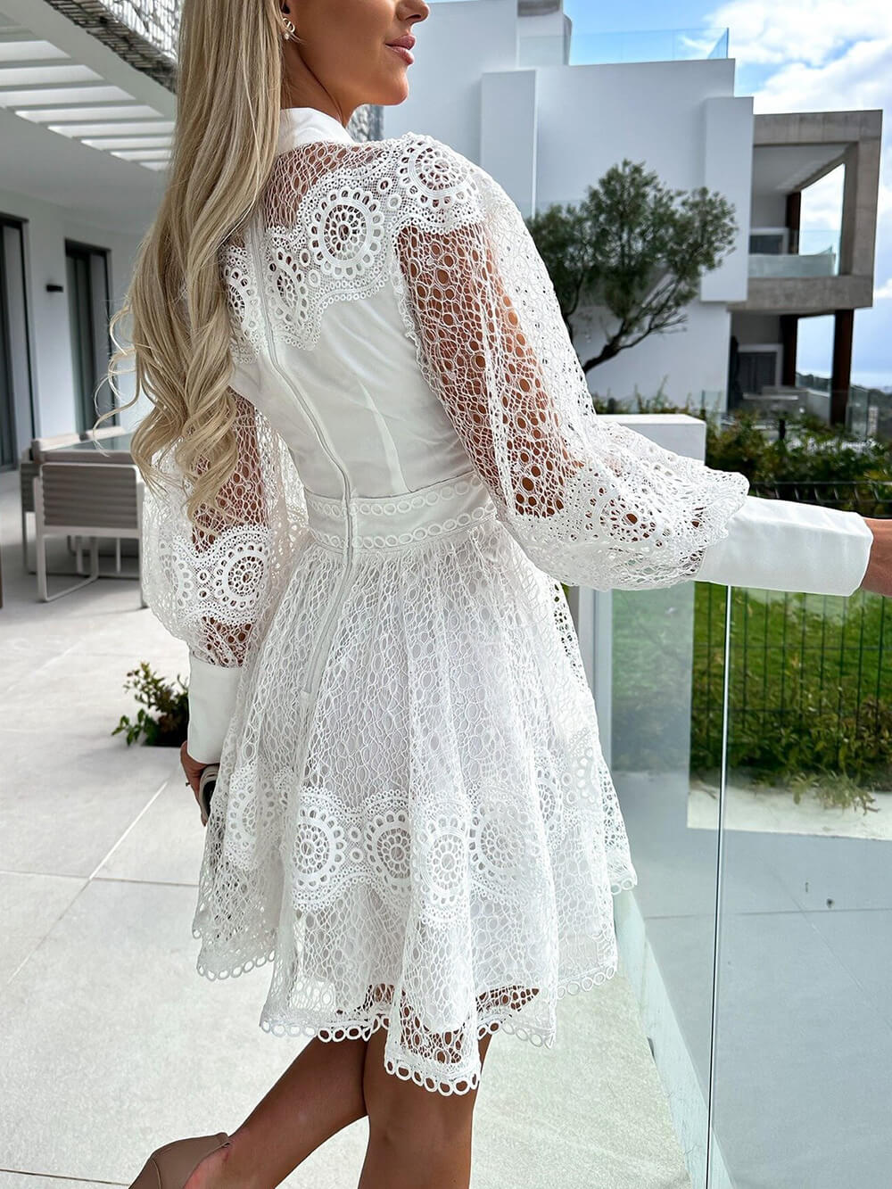 Elegant Lace-Trim Long Sleeve Mini Dress