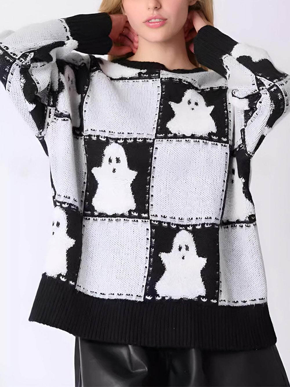 Cosplay Halloween Ghost Plaid Spider Web Pullover Knit Sweater