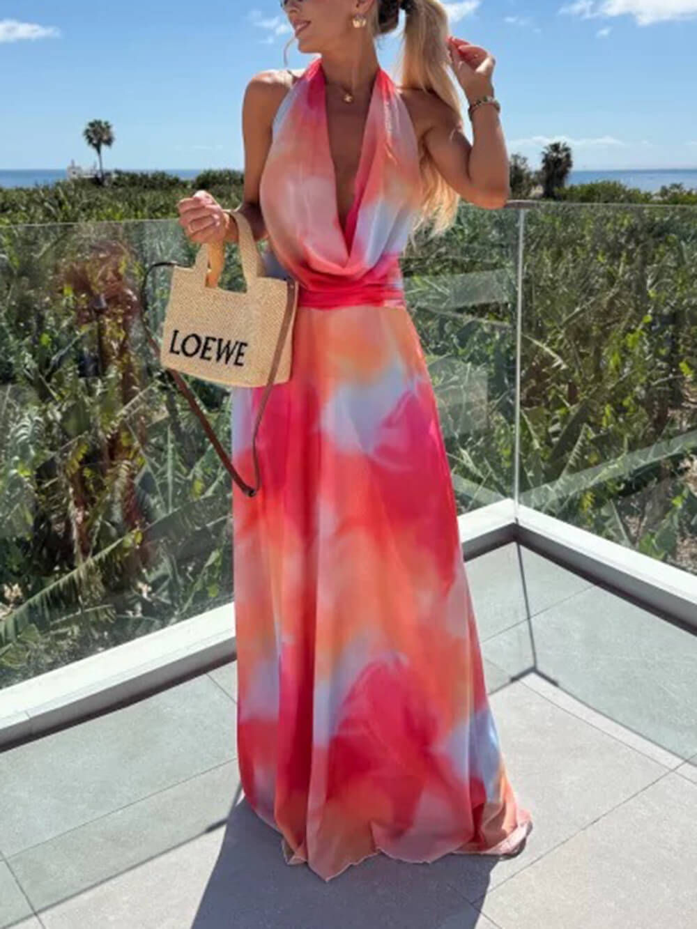 Elegant Printed Tie-Waist Cutout with Cowl Neck Maxi Dress