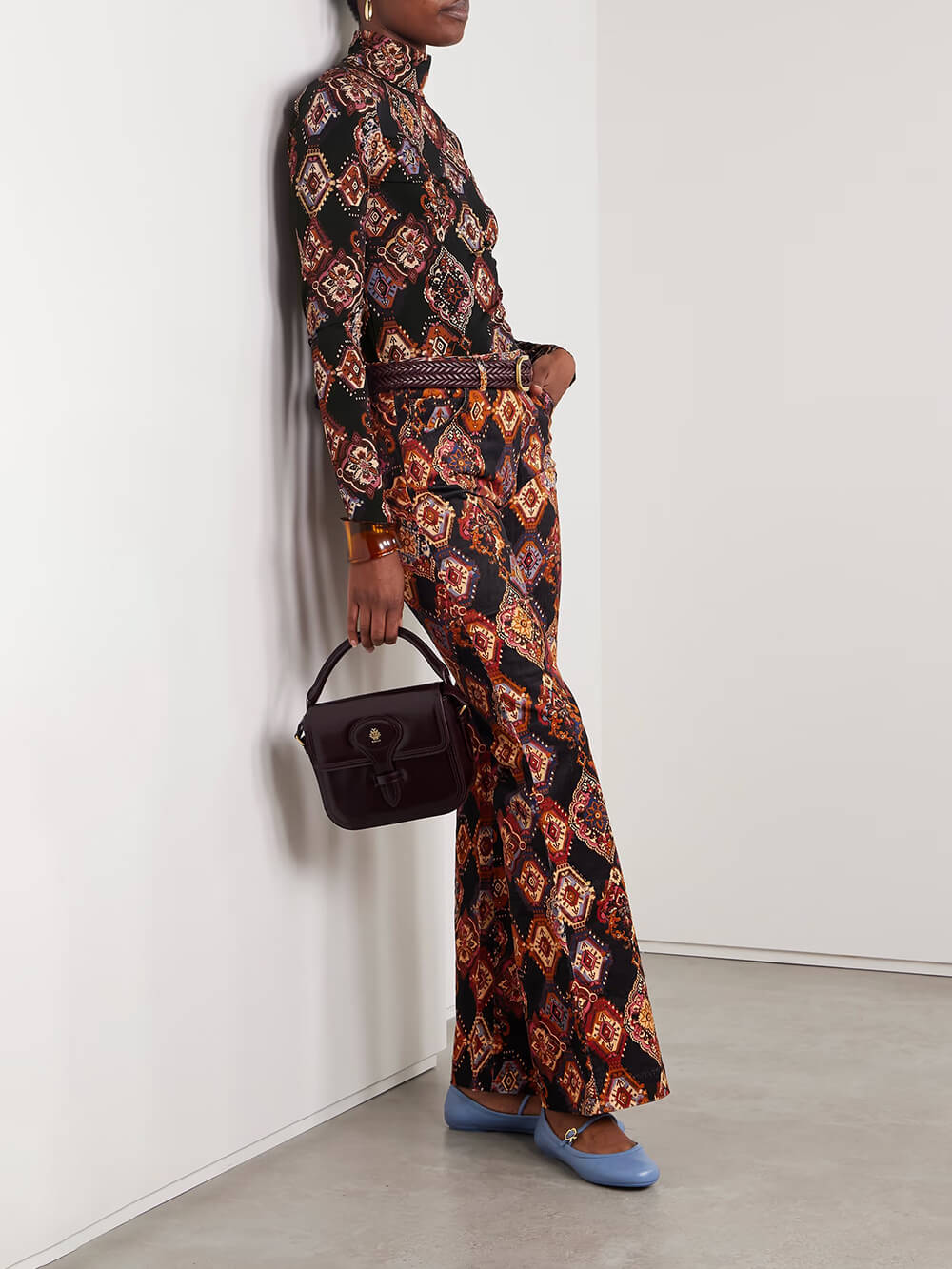 Retro Print High-Waisted Flare Pants