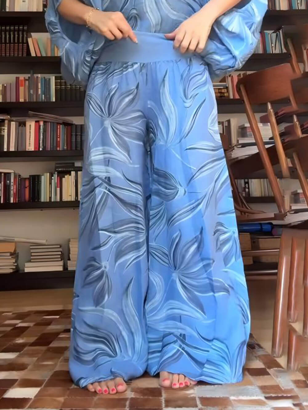 Unique Floral Print High-Waisted Pocket Wide-Leg Pants