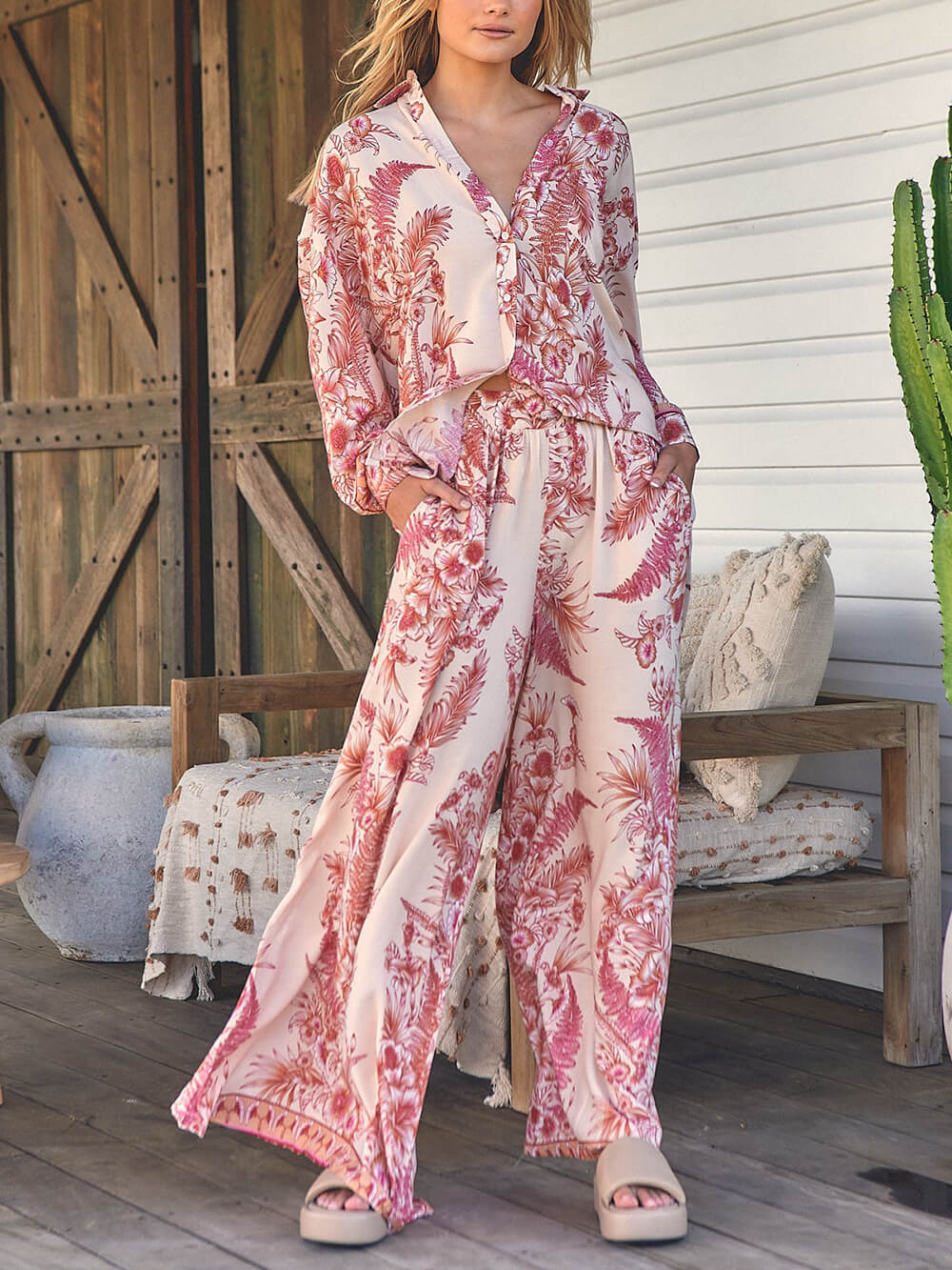 Warm Holiday Floral Printed Loose Elastic Waist Wide Leg Pants