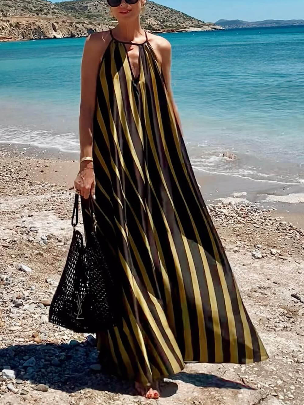 Summer Casual Contrast Stripe Print Lace-Up Holiday Maxi Dress