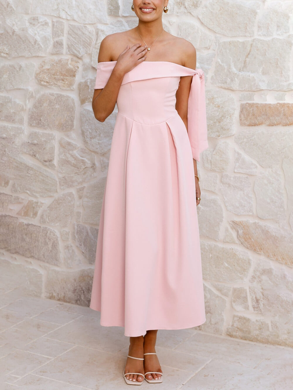 Elegant Off-Shoulder Tie Ruched Midi Dress