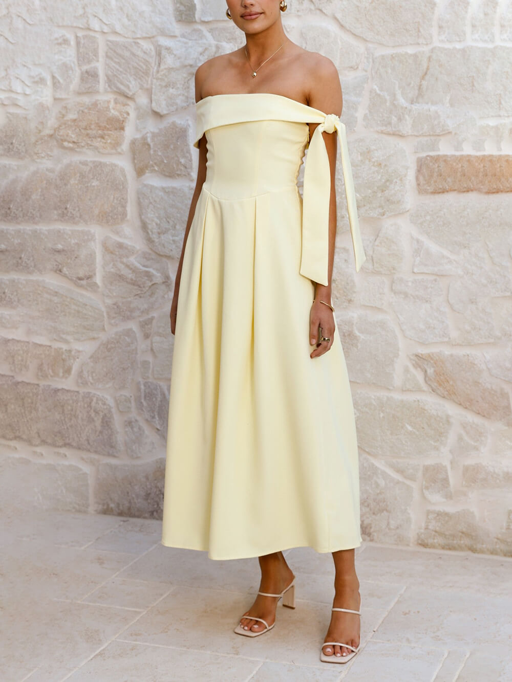 Elegant Off-Shoulder Tie Ruched Midi Dress