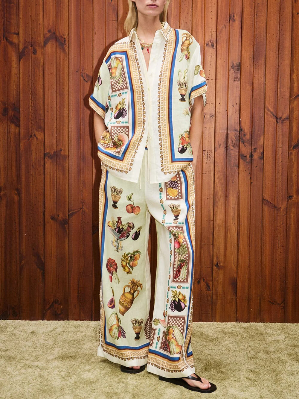 Unique Tropical Luxe Satin Fruit Print Loose Elastic Waist Wide-Leg Pants