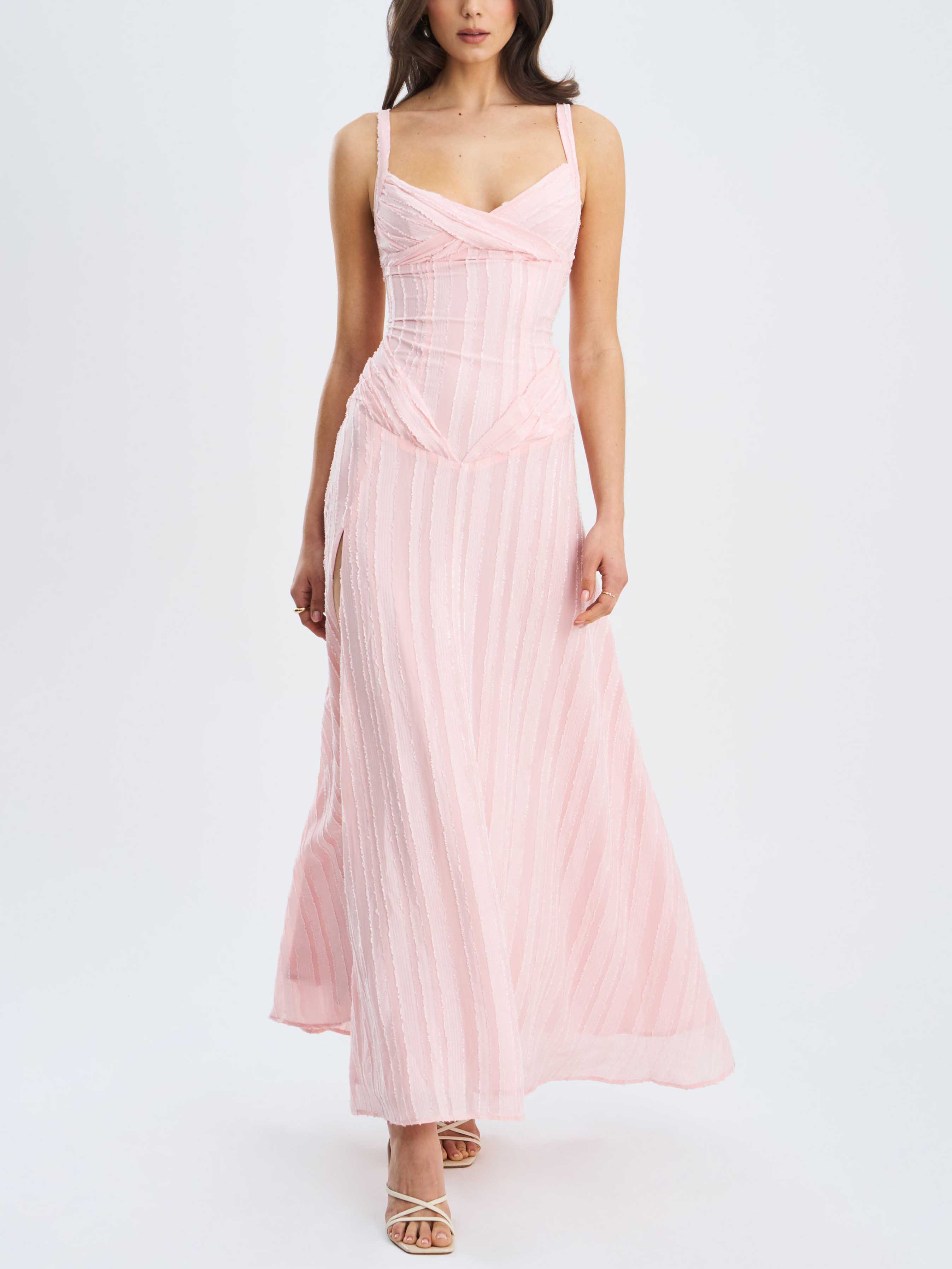 Elegant Striped Jacquard High Slit Gown Maxi Dress