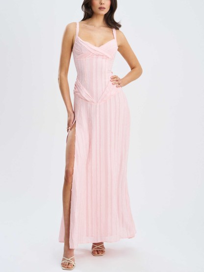 Elegant Striped Jacquard High Slit Gown Maxi Dress