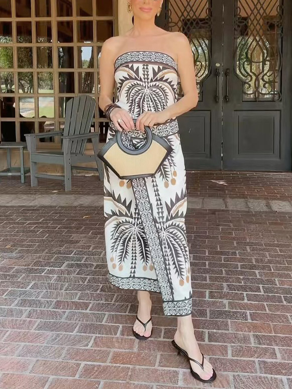 Retro Palm Tree Print Tube Top Two-Piece Set