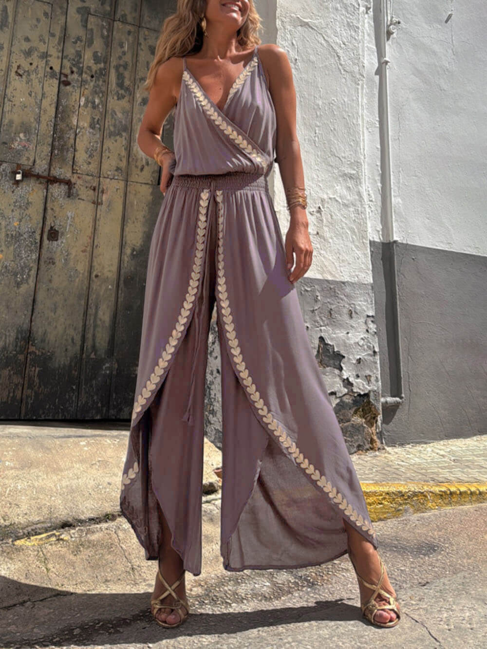 Unique Gold Trim Cross-Neck Elastic Waist Drawstring Slit Jumpsuit
