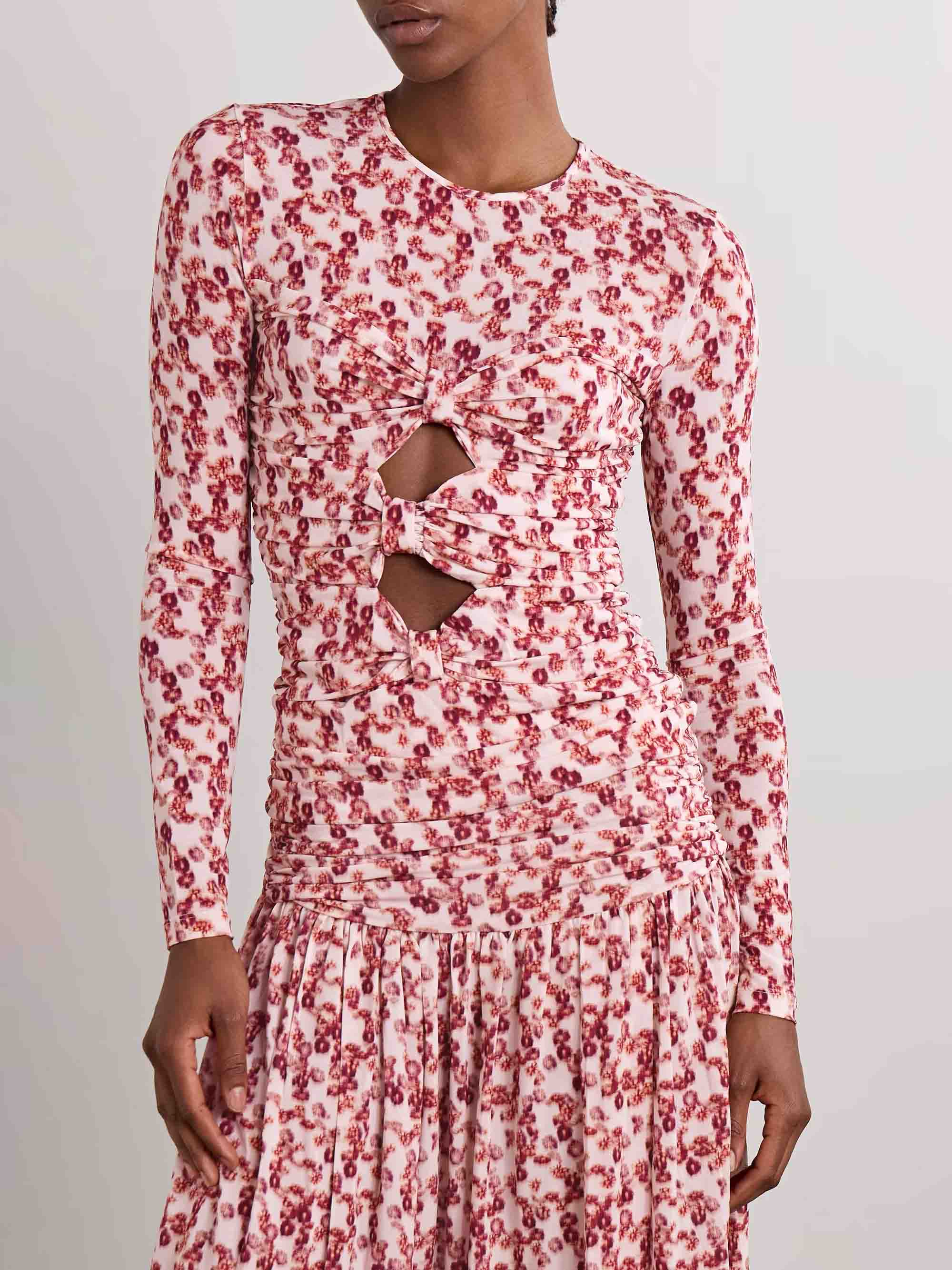 Exquisite Pleated Openwork Floral Print Stretch Knit T-shirt