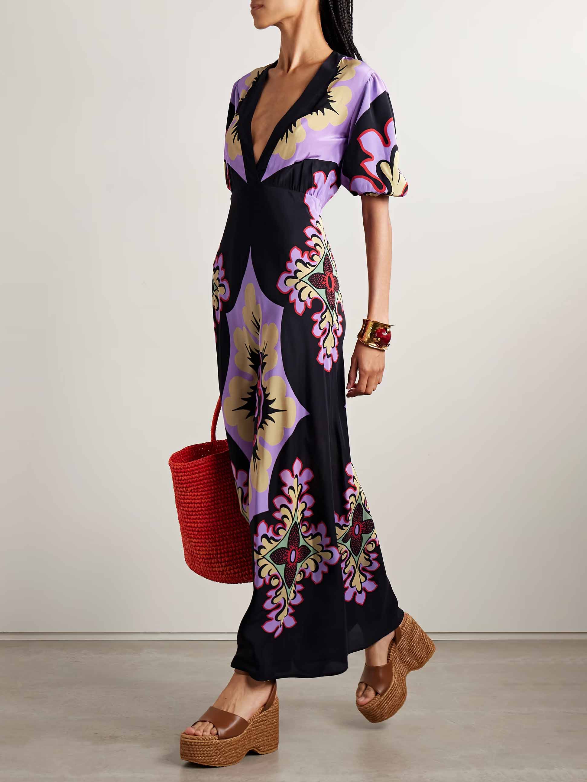 Unique Vintage Floral Print Puff Sleeve Maxi Dress