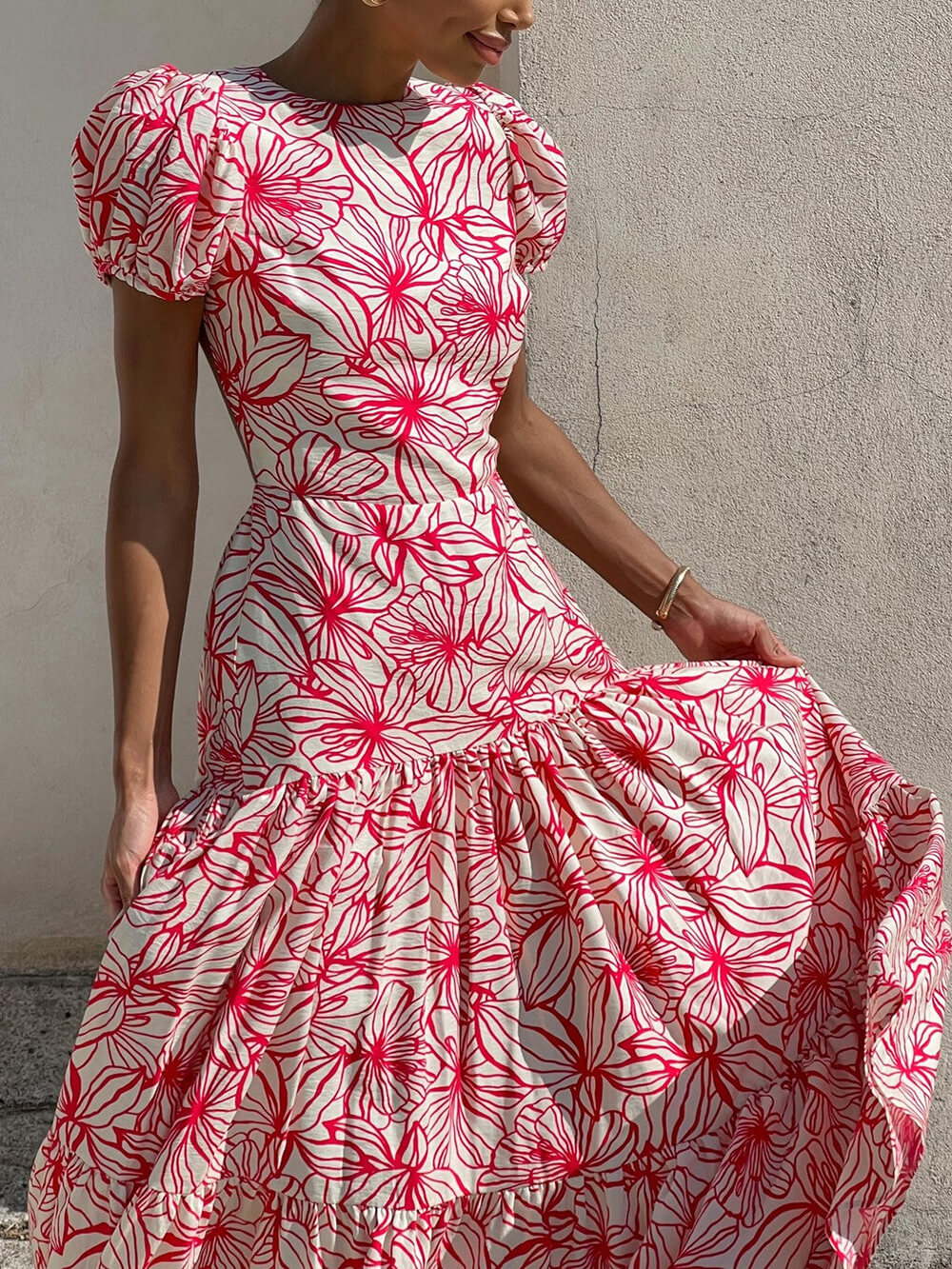 Beautiful Floral Print Cutout Open Back Pleated Maxi Dress
