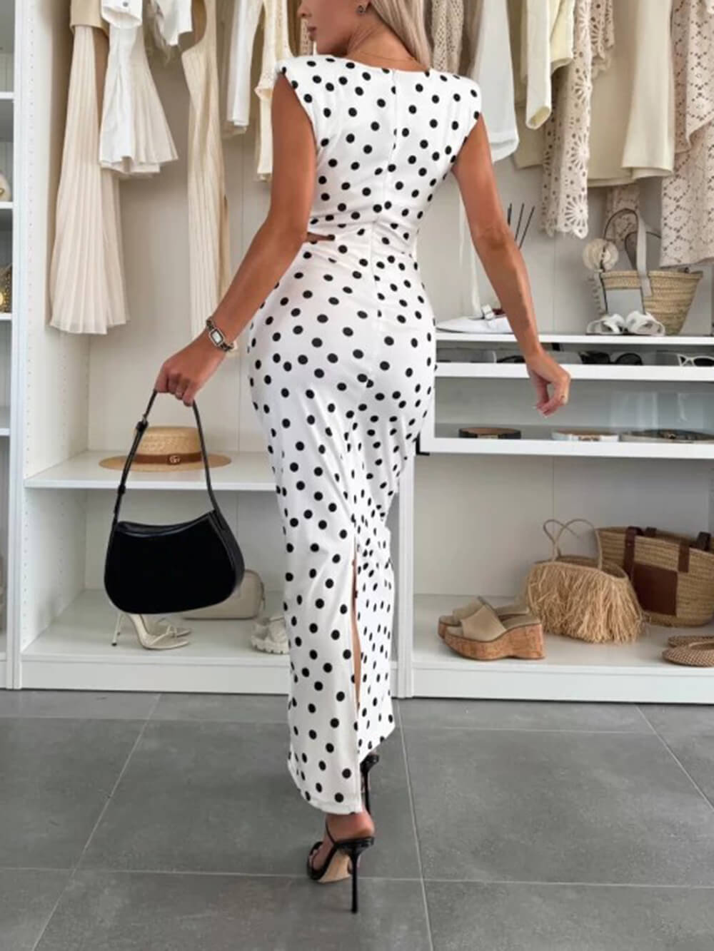 Elegance Timeless Polka Dot Print Cutout Maxi Dress