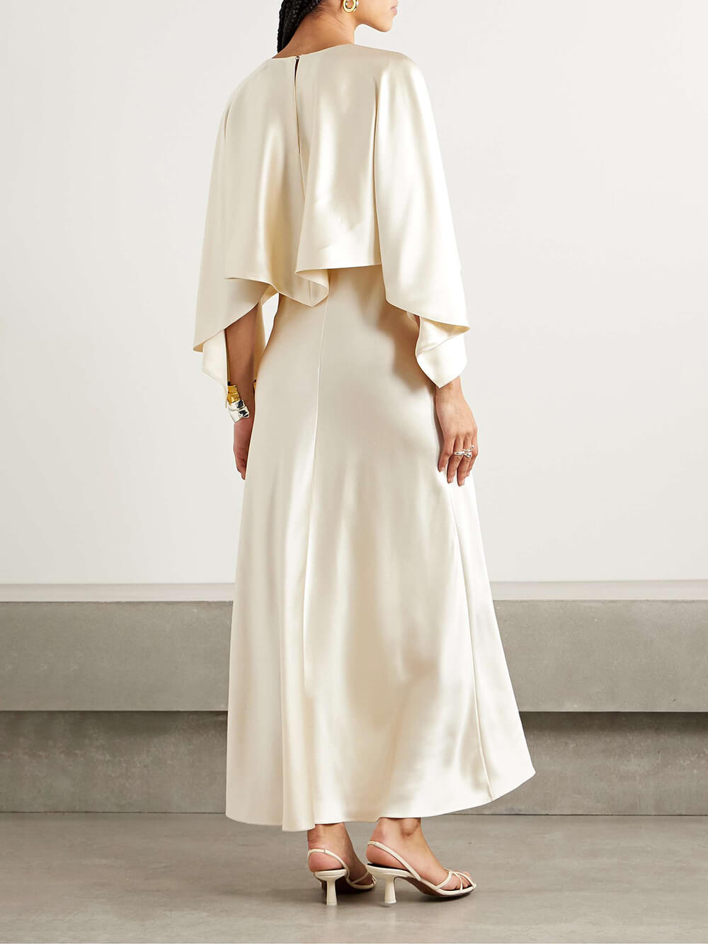 Elegant Layered Asymmetric Cape Satin Maxi Dress Set