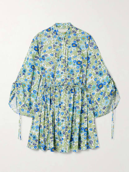 Retro Floral Print Drawstring Waist Mini Dress