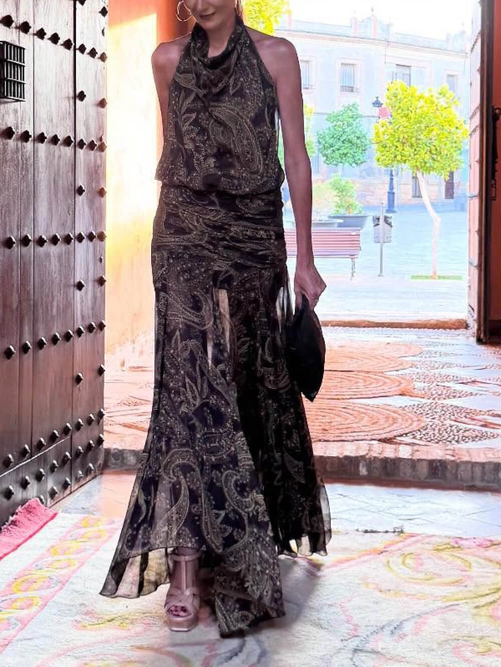 Elegant Unique Paisley Print Ruched Backless Pleated Maxi Dress