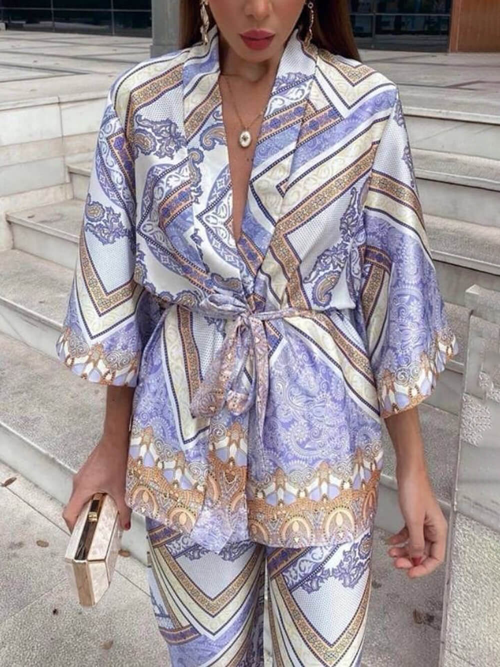 Elegant Unique Pattern Printed Belted Loose Lapel Top