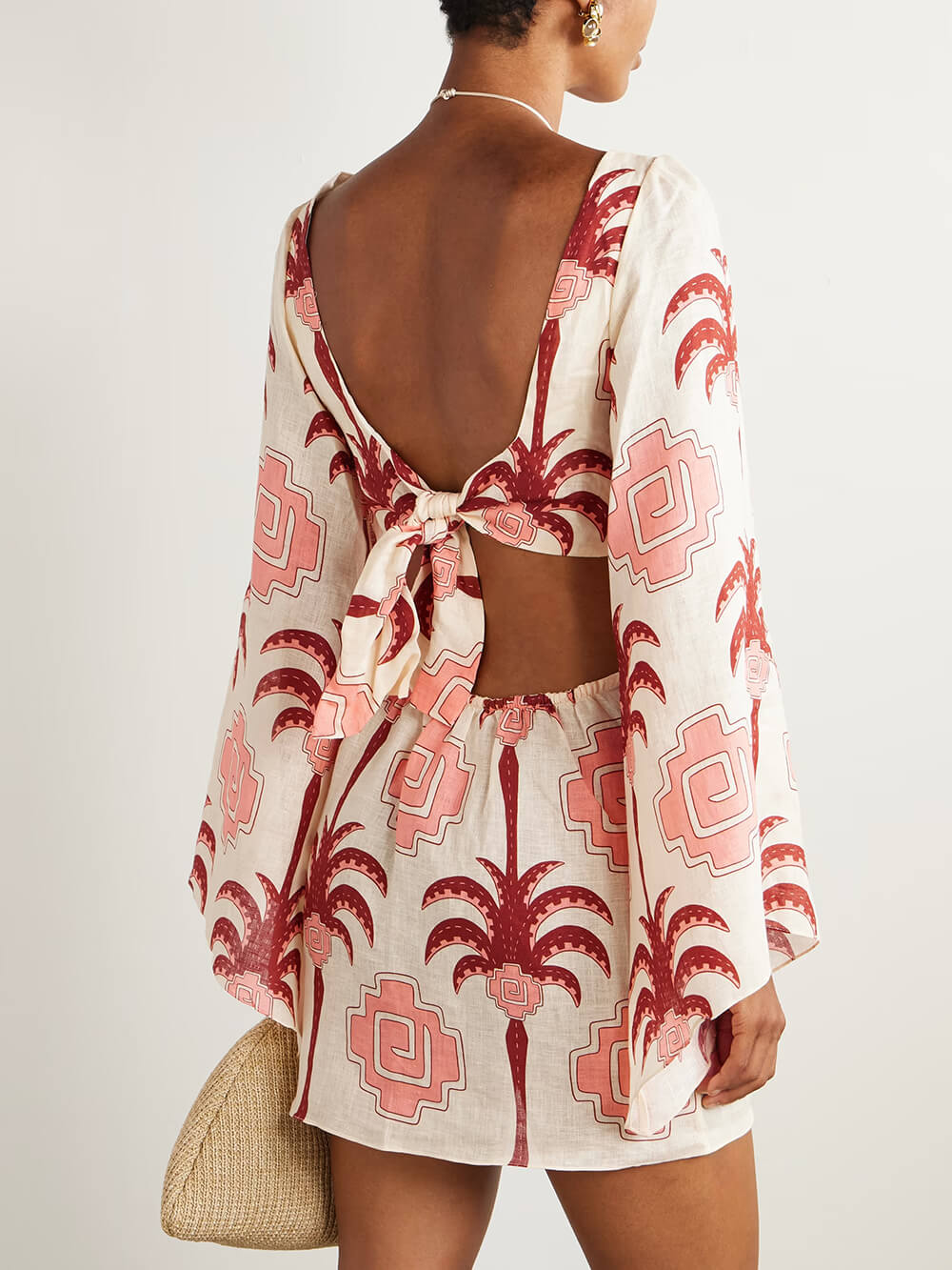 Unique Tropical Edge Palm Tree Print Cutout Linen Mini Dress