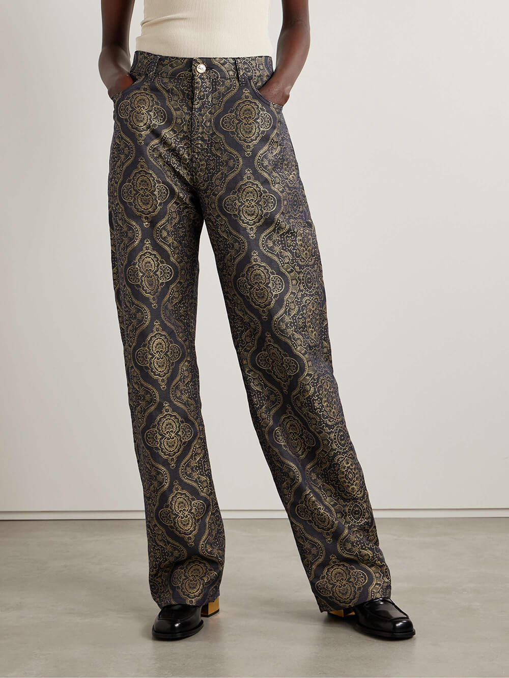 Retro Ethnic Print Metallic Denim Jacquard Straight Pants