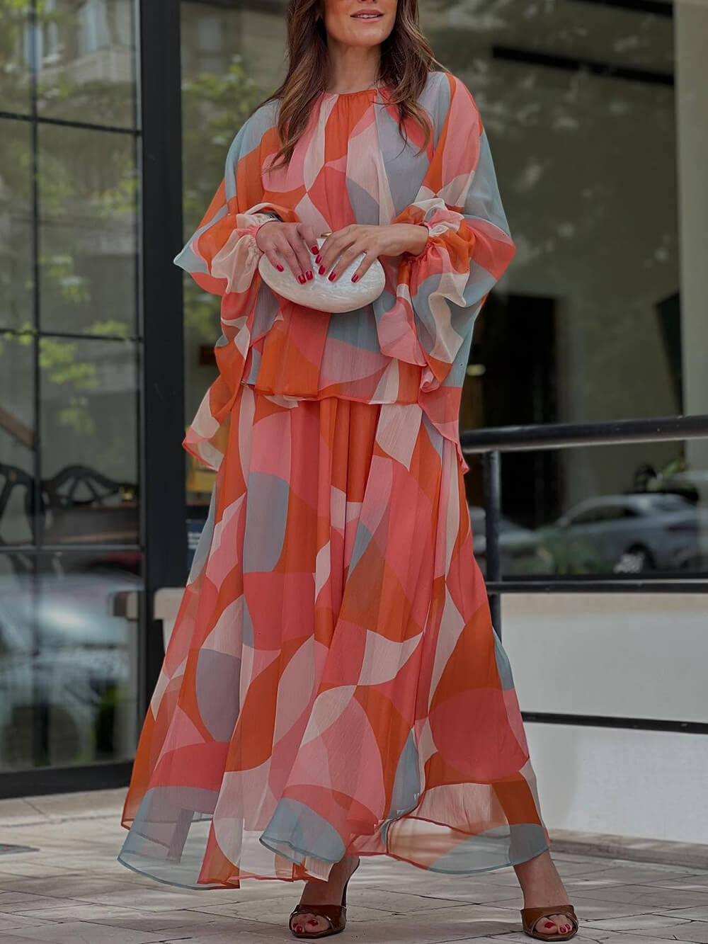 Classic Geometric Print Elastic Waist Maxi Skirt