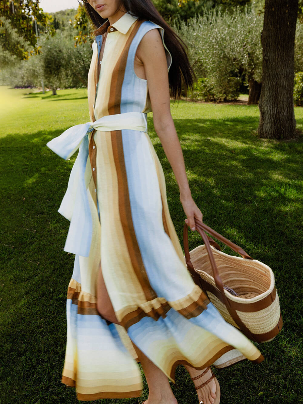 Classic Linen Striped Sleeveless Button-Down Belted Maxi Dress