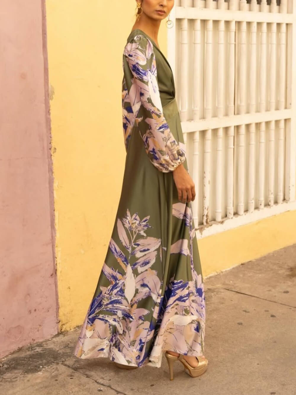 Elegant Satin Floral Print With Lantern Sleeves Deep V-Neck Maxi Dress