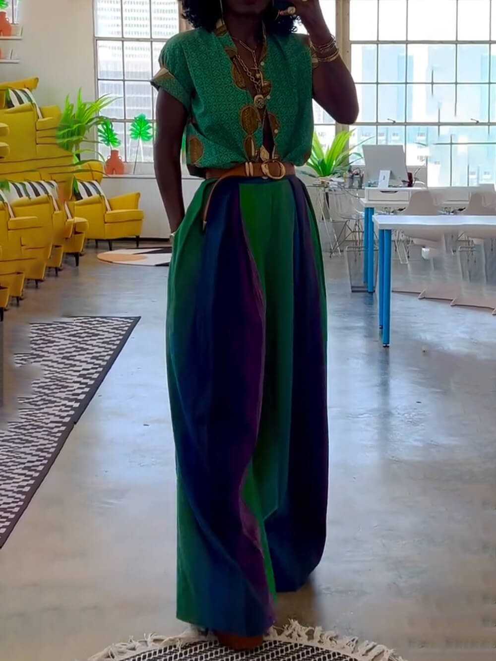 Retro Casual Contrast Colorblock Loose-Fit Wide-Leg Pants