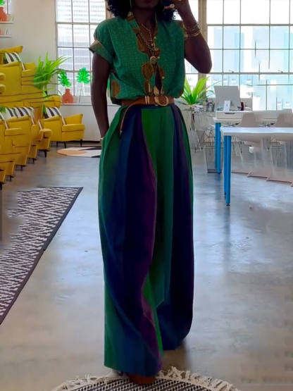 Retro Casual Contrast Colorblock Loose-Fit Wide-Leg Pants