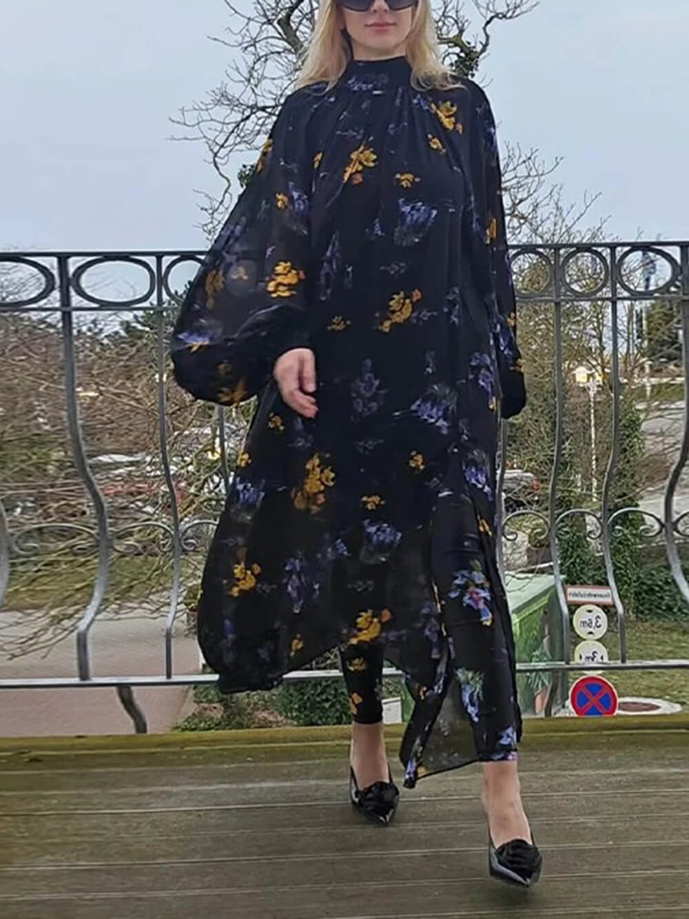 Elegant Floral Print High-Neck Lantern Sleeve Bohemian Maxi Dress