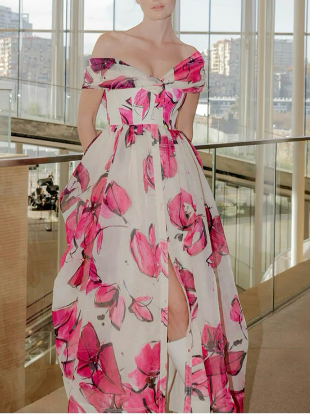 Delicate Playful Floral Print Cinched Waist Maxi Dress