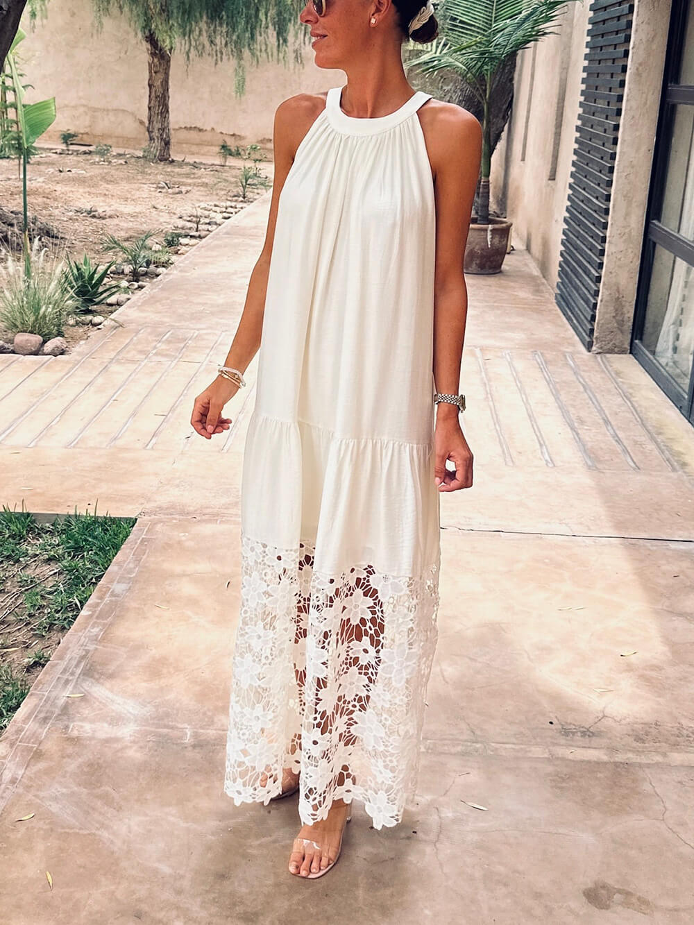 Elegant Floral Patchwork Backless Beach Maxi Dress