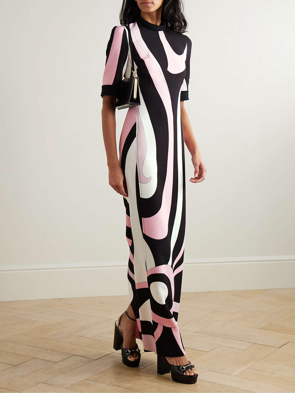 Retro-Inspired Unique Printed Satin Crinkle Maxi Dress