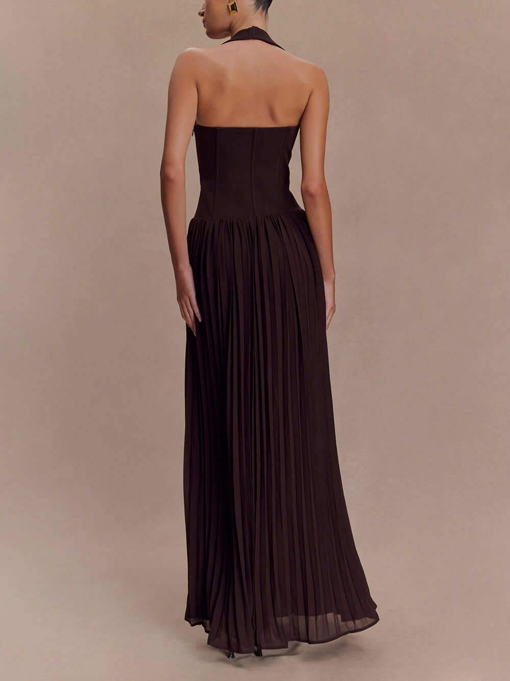 Elegant Pleated Halter Neck Maxi Dress