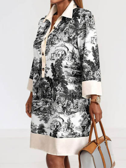 Elegant Oil Painting Pattern Contrast Print Loose Mini Dress