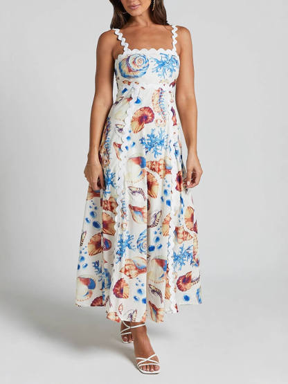 Casual Printed Suspenders Patchwork Loose Holiday Maxi Dress