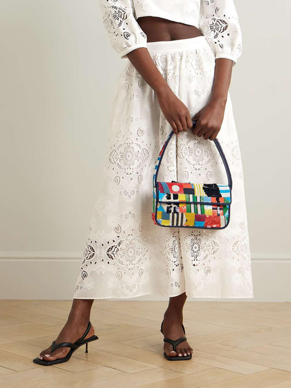 Retro Lace Crochet Embroidered Elastic Waist Midi Skirt