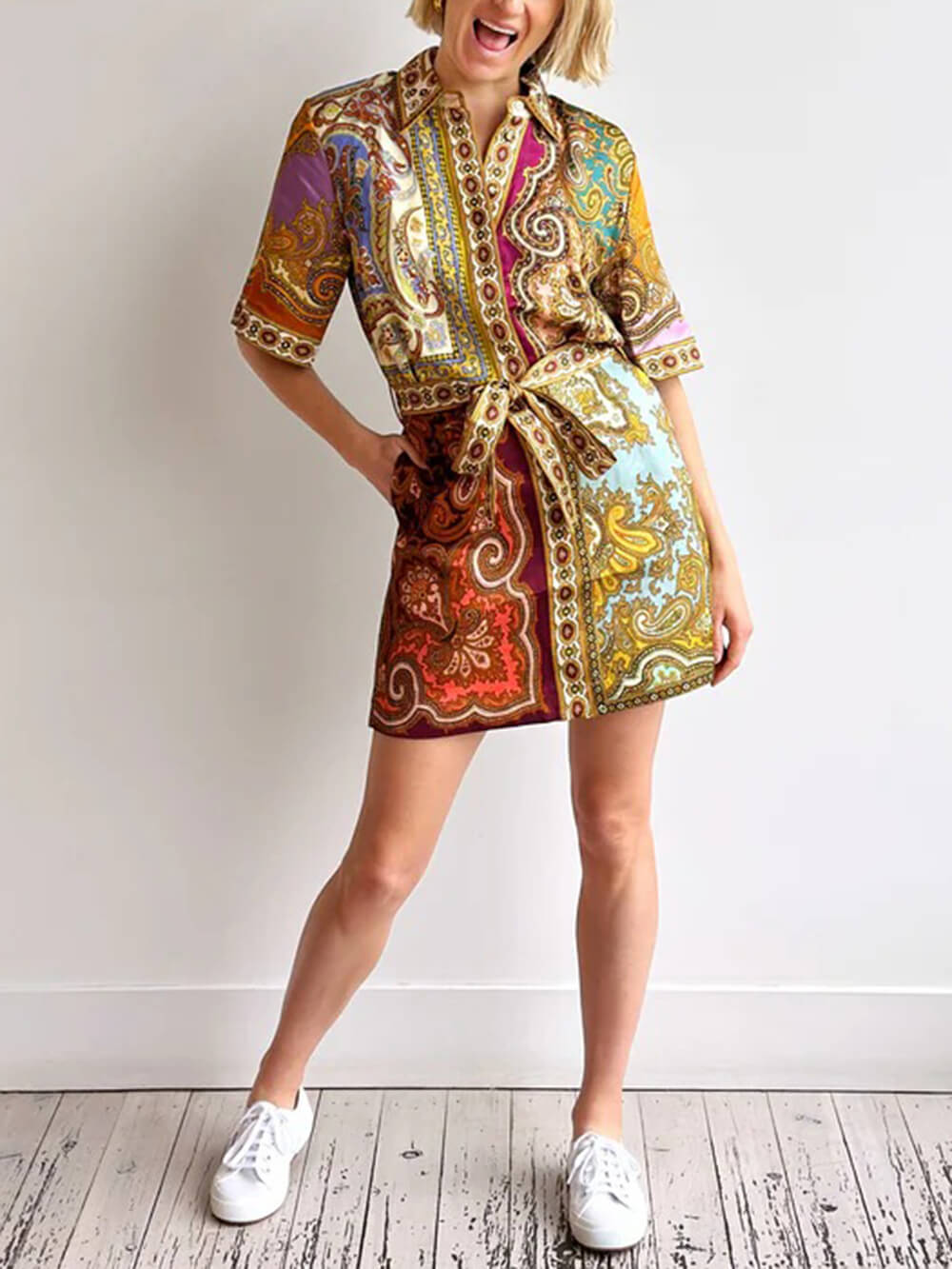 Classic Paisley Print Lace-Up Spliced Mini Dress