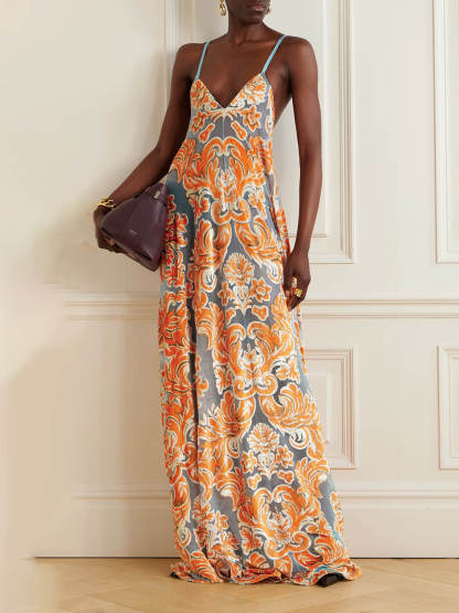 Unique Floral Print Backless A-Line Maxi Dress