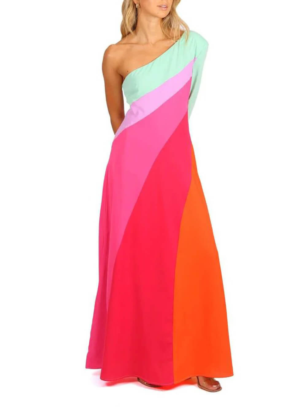 Unique One Shoulder Colorblock Maxi Dress