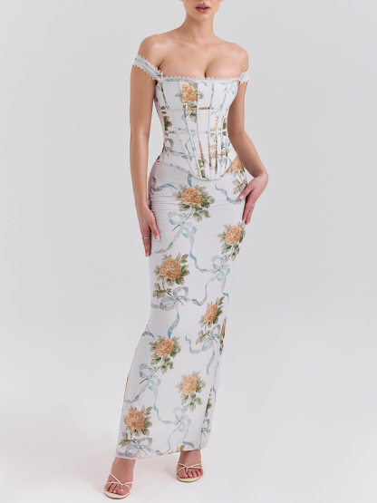 Retro Print Corset Maxi Dress