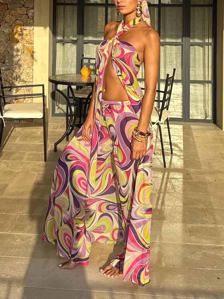 Unique Psychedelic Swirl Print Halter Top And Wide-Leg Pants Set