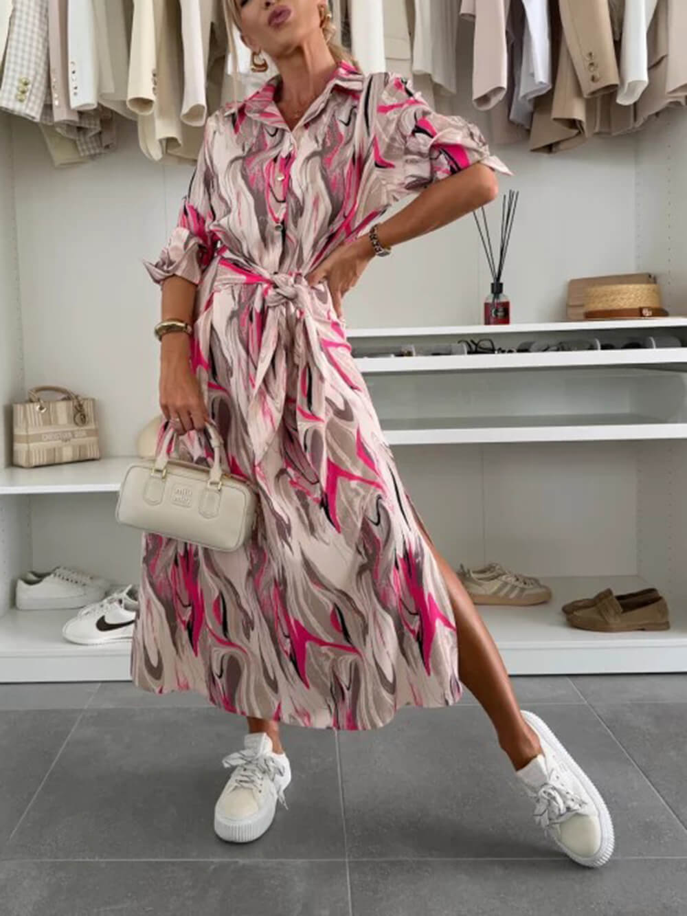 Elegant Ease Satin Printed Tie-Waist Midi Dress