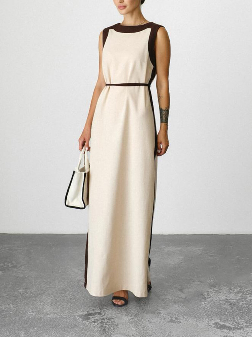 Unique Retro Colorblock Belted Linen Maxi Dress