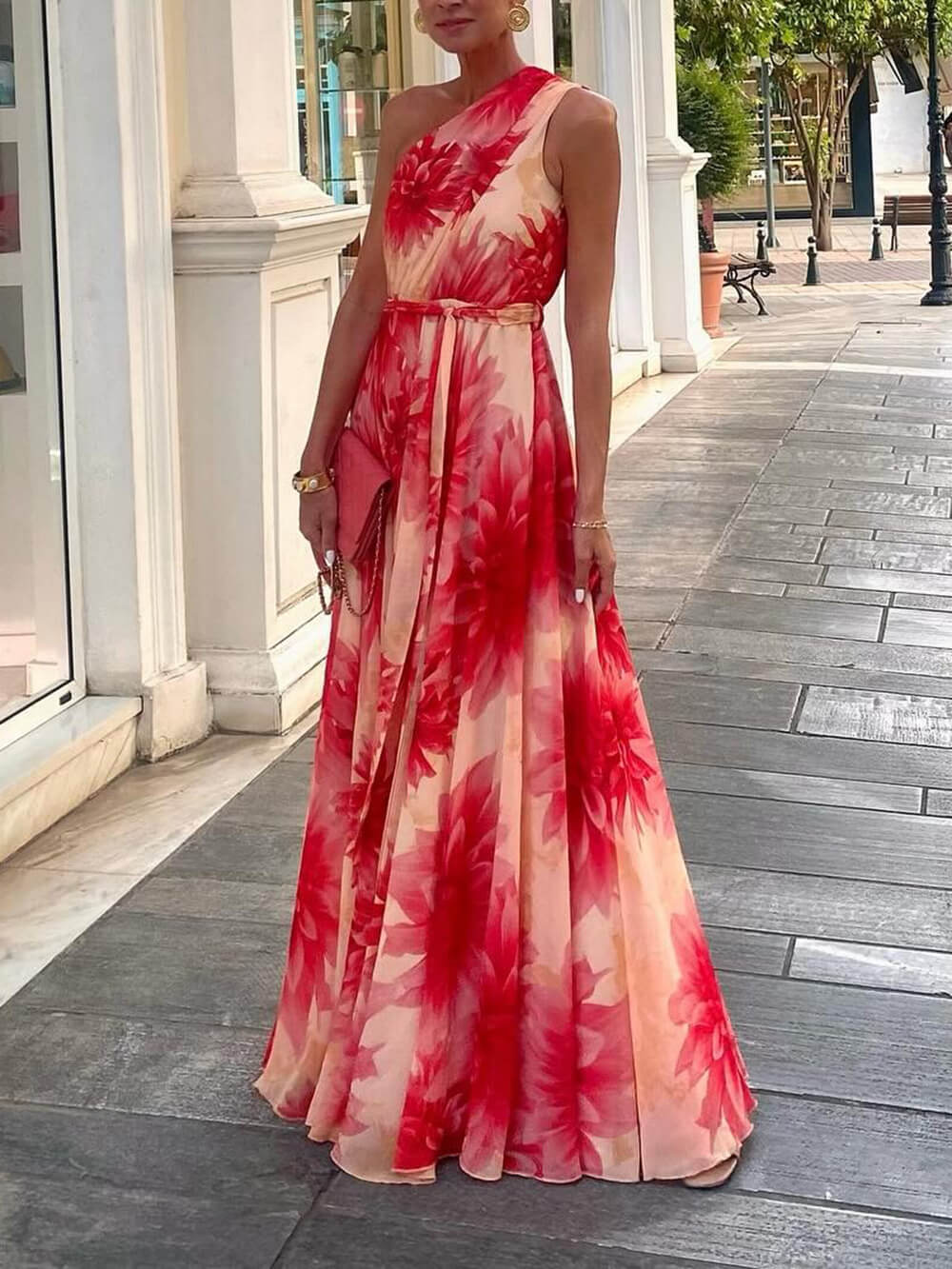 Elegant One-Shoulder Floral Print Tie-Waist Maxi Dress